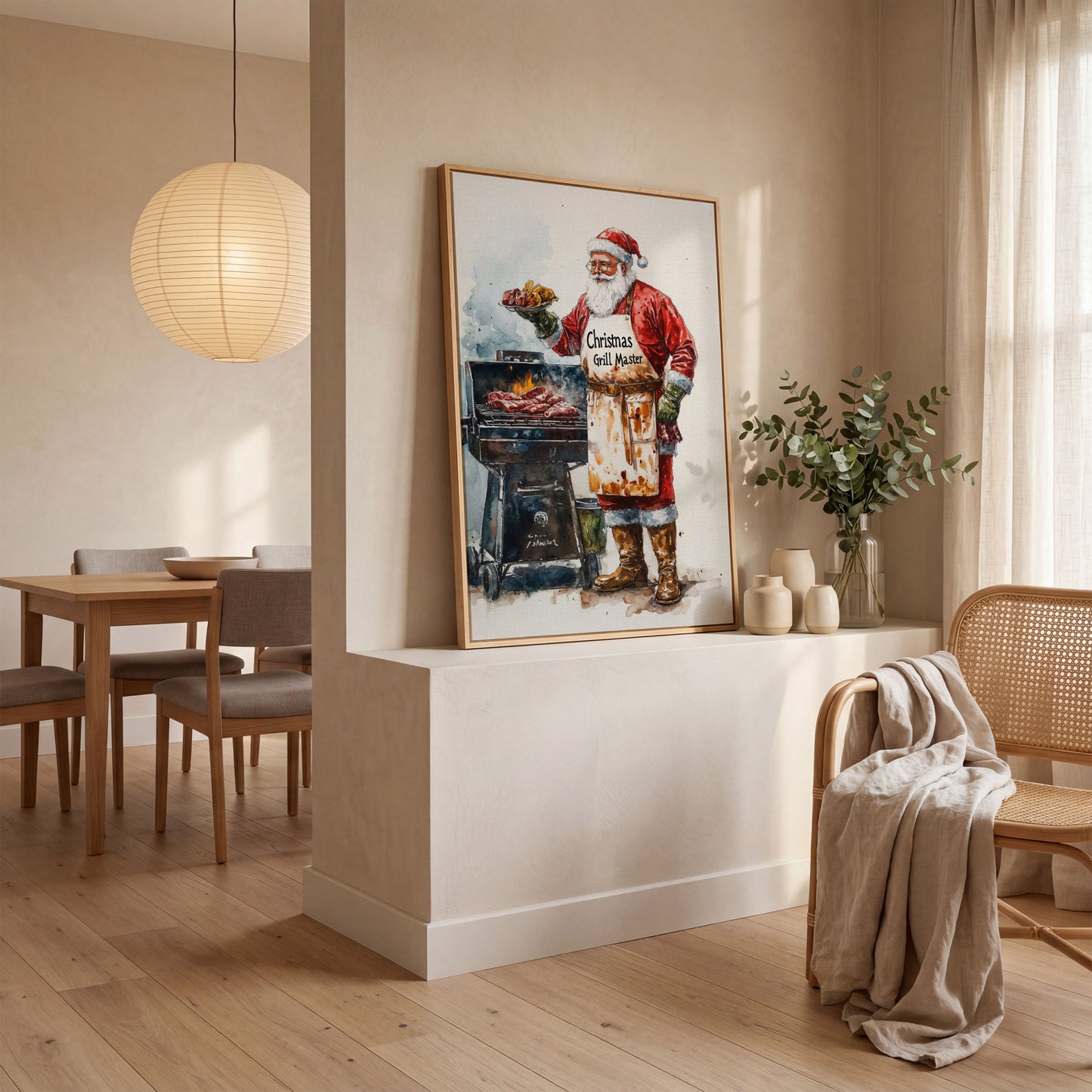 Santa Claus BBQ Canvas Print - Christmas Grill Master Art in white oak floating frame