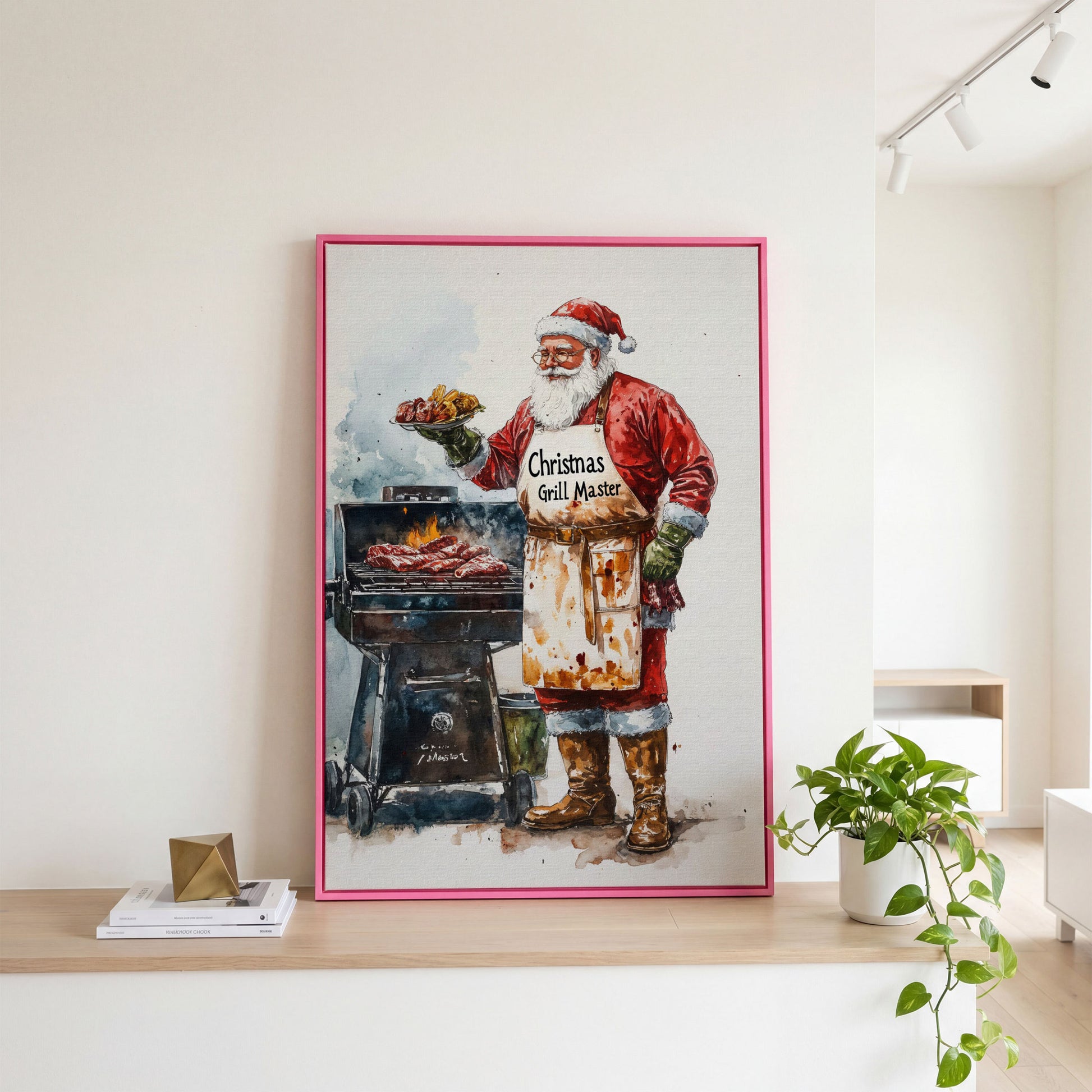 Santa Claus BBQ Canvas Print - Christmas Grill Master Art in pink floating frame