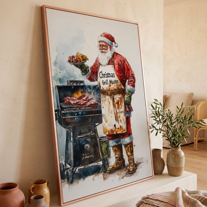 Santa Claus BBQ Canvas Print - Christmas Grill Master Art in rose gold floating frame