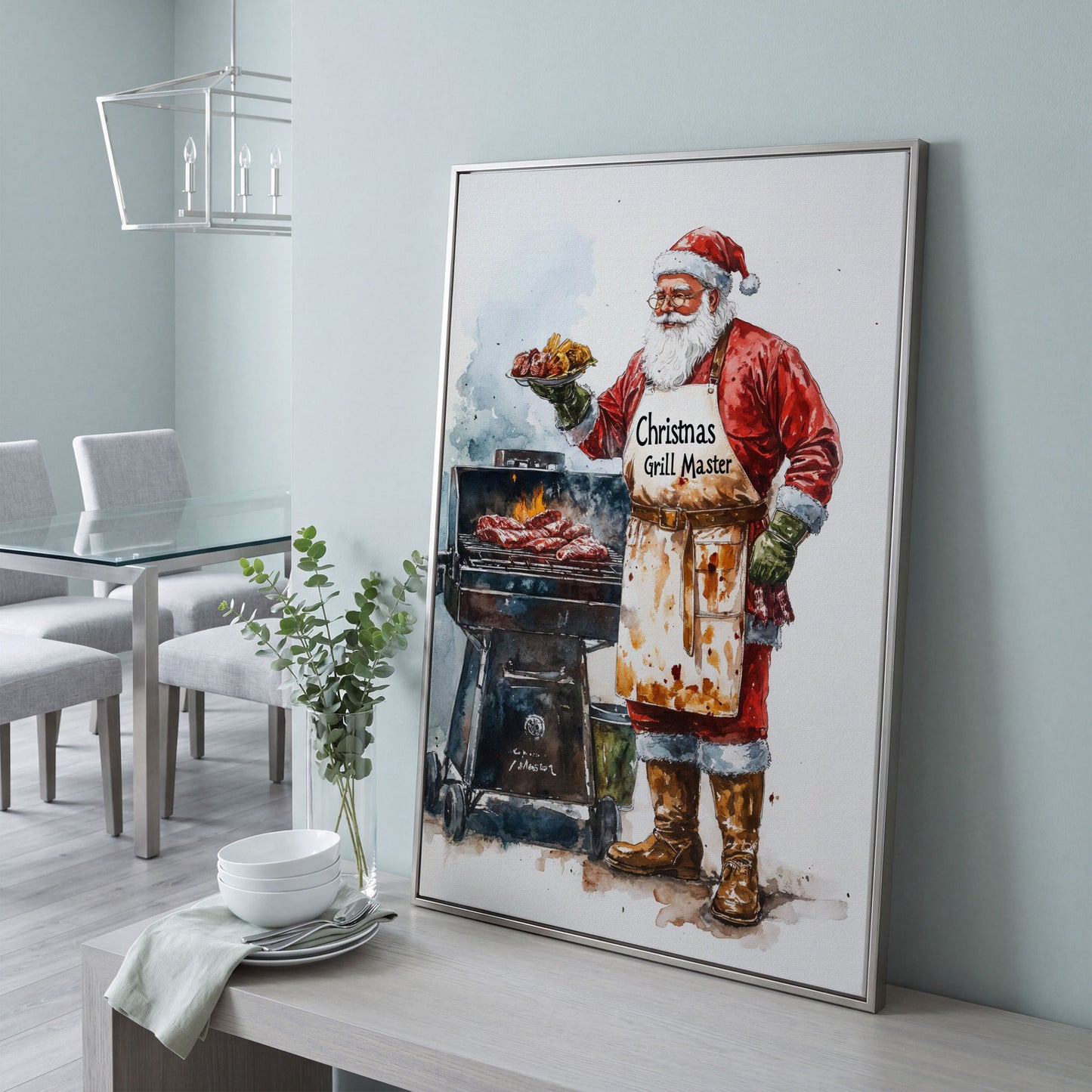 Santa Claus BBQ Canvas Print - Christmas Grill Master Art in silver floating frame
