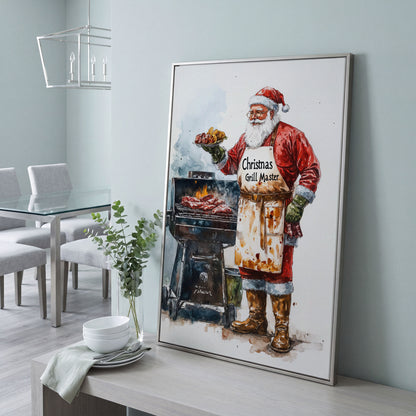 Santa Claus BBQ Canvas Print - Christmas Grill Master Art in silver floating frame