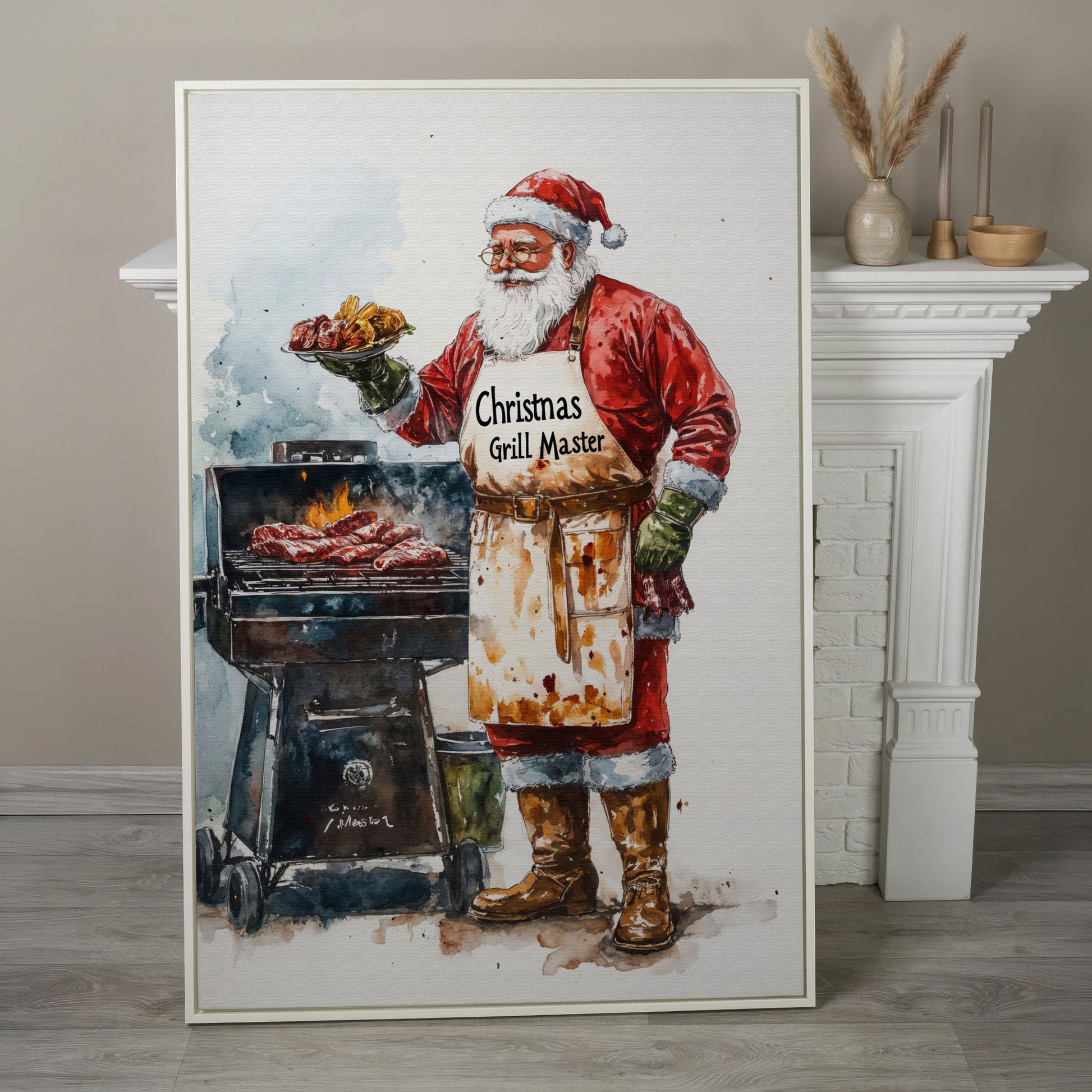 Santa Claus BBQ Canvas Print - Christmas Grill Master Art in white floating frame