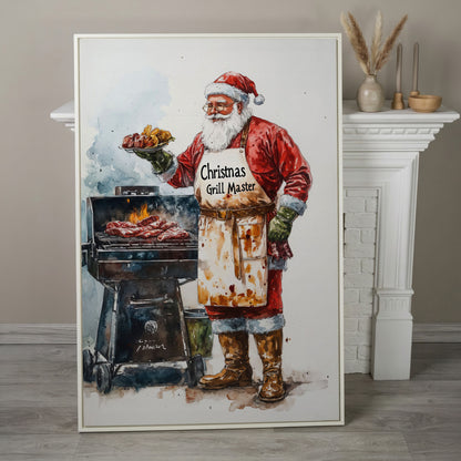 Santa Claus BBQ Canvas Print - Christmas Grill Master Art in white floating frame