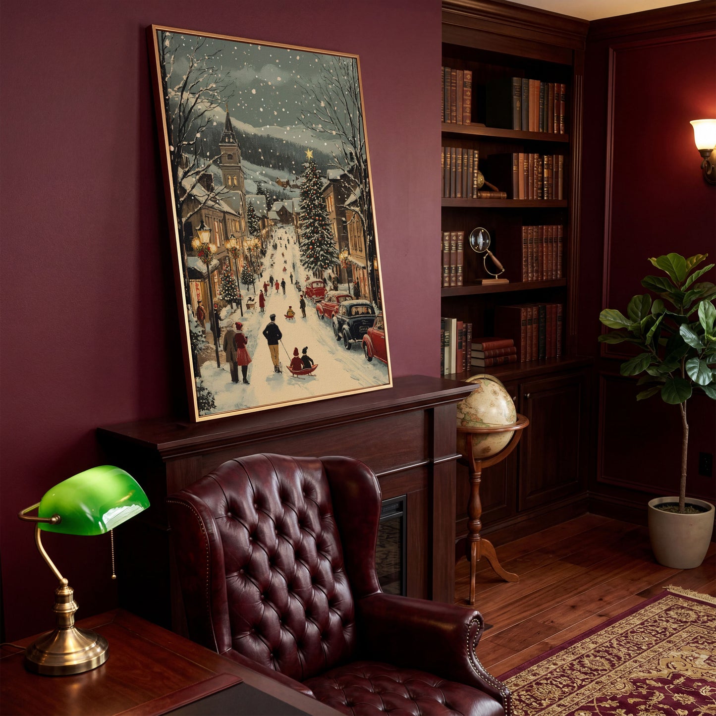 Festive Winter Street Canvas Print with Holiday Town Scene in antique gold floating frame