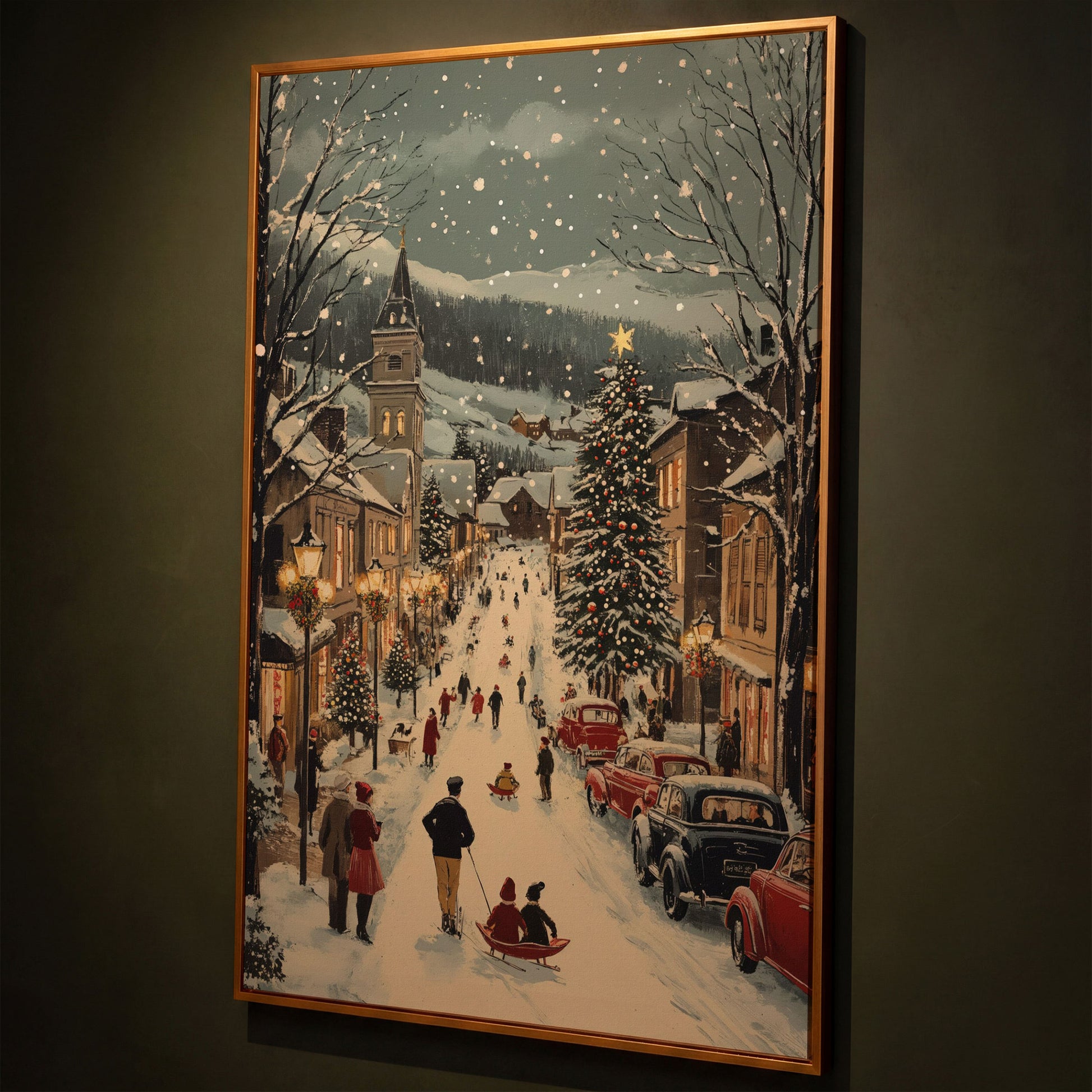 Festive Winter Street Canvas Print with Holiday Town Scene shown in antique gold floating frame