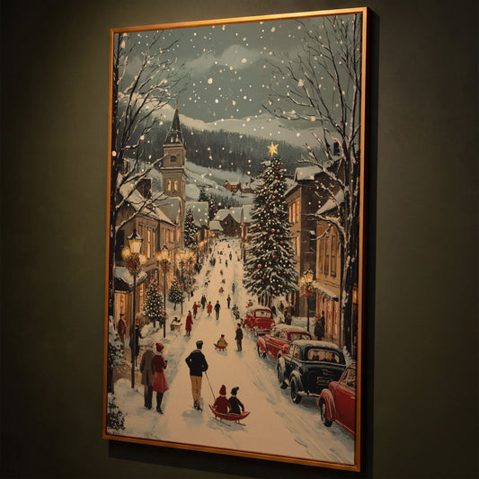Festive Winter Street Canvas Print with Holiday Town Scene shown in antique gold floating frame