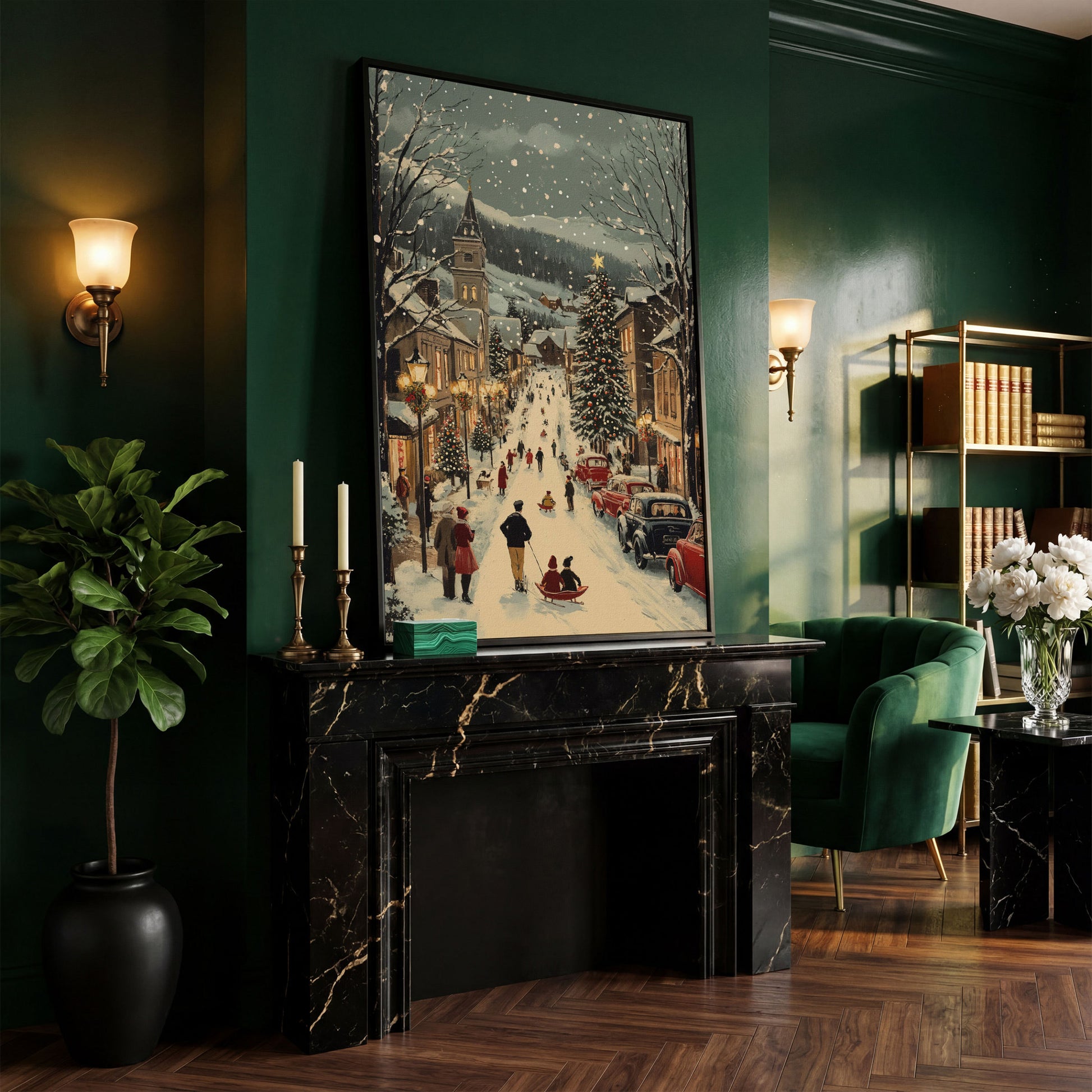 Festive Winter Street Canvas Print with Holiday Town Scene in black floating frame