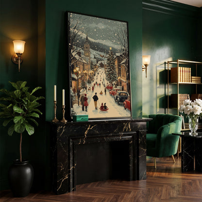 Festive Winter Street Canvas Print with Holiday Town Scene in black floating frame