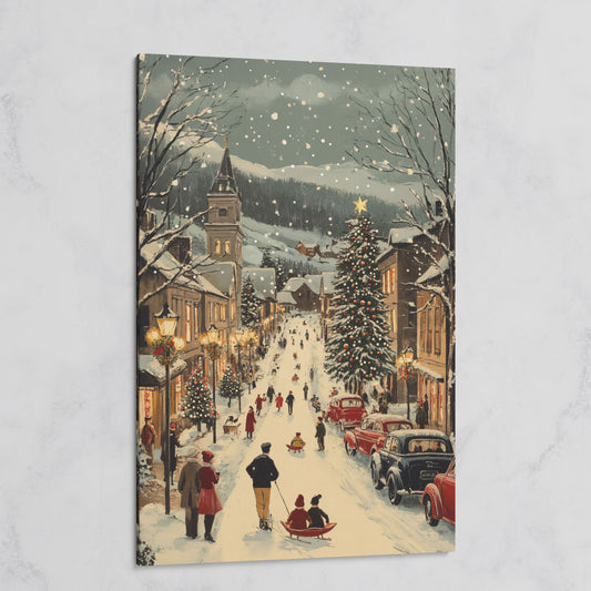 Festive Winter Street Canvas Print with Holiday Town Scene on gallery wrap