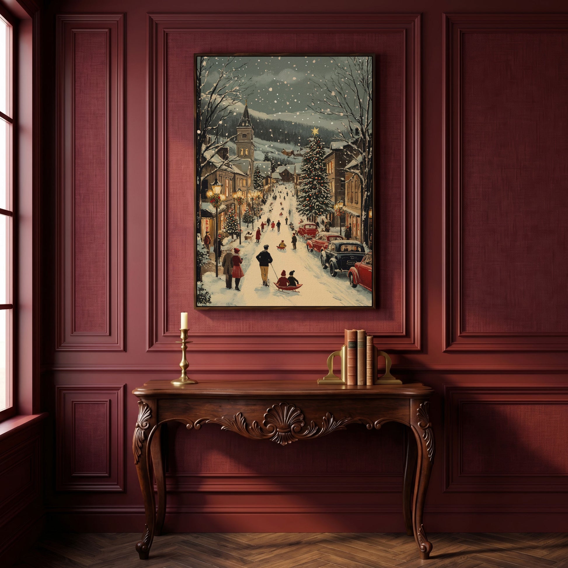Festive Winter Street Canvas Print with Holiday Town Scene in dark walnut floating frame