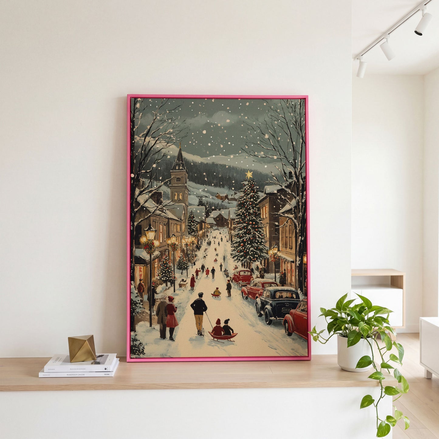 Festive Winter Street Canvas Print with Holiday Town Scene in pink floating frame