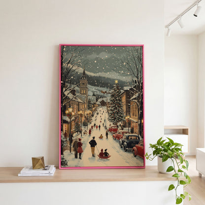 Festive Winter Street Canvas Print with Holiday Town Scene in pink floating frame