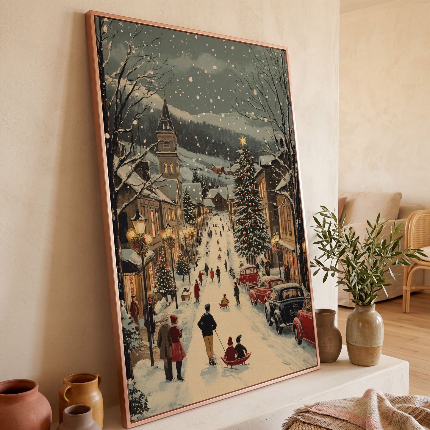 Festive Winter Street Canvas Print with Holiday Town Scene in rose gold floating frame