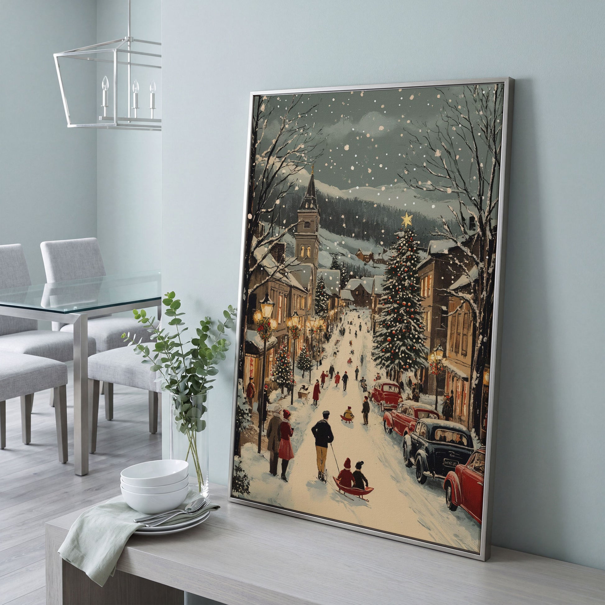 Festive Winter Street Canvas Print with Holiday Town Scene in silver floating frame
