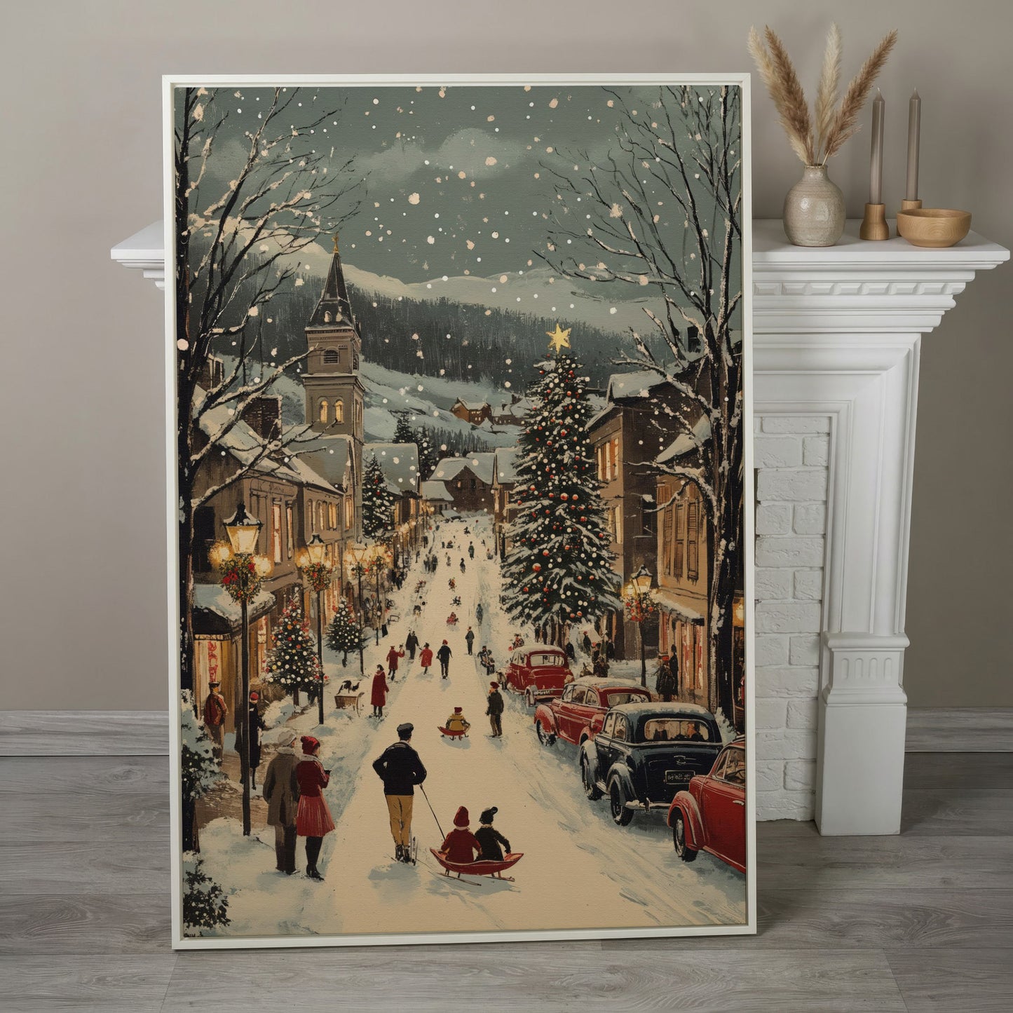 Festive Winter Street Canvas Print with Holiday Town Scene in white floating frame