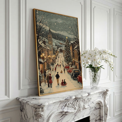 Festive Winter Street Canvas Print with Holiday Town Scene in yellow gold floating frame