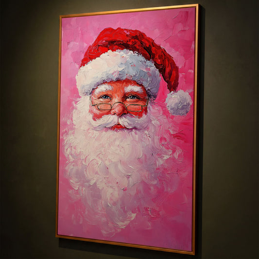 Santa Claus Portrait Canvas, Rose & Crimson shown in antique gold floating frame