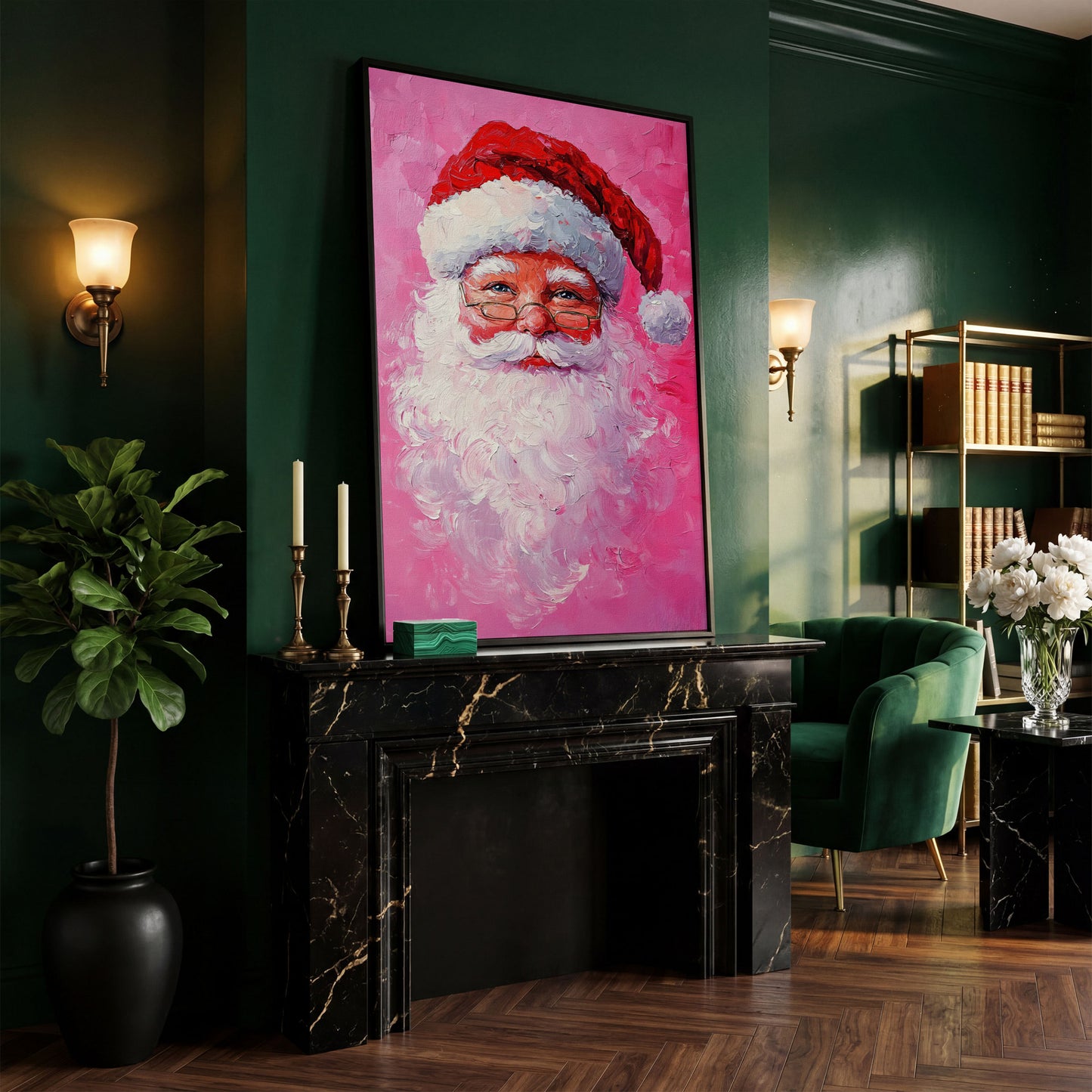 Santa Claus Portrait Canvas, Rose & Crimson in black floating frame