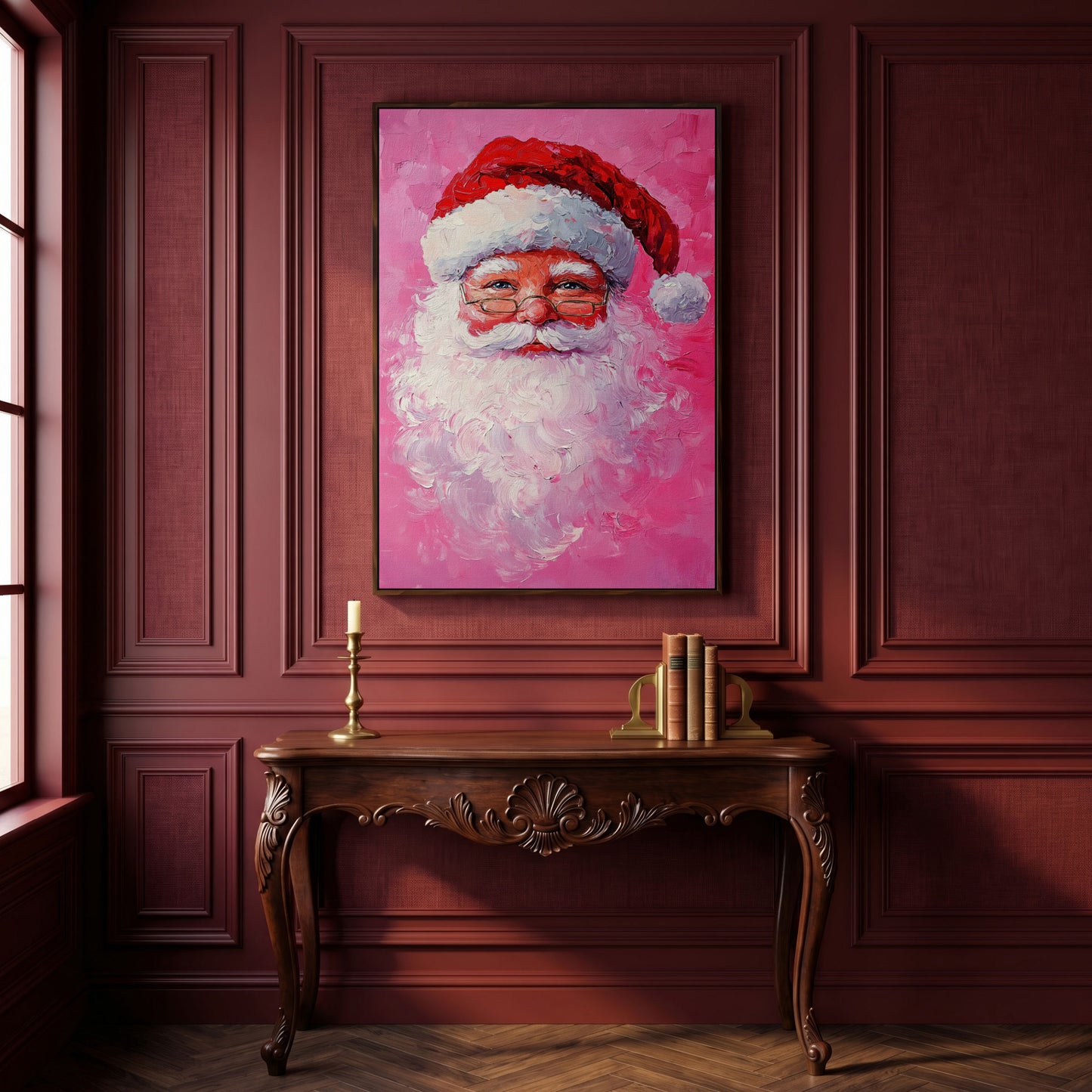 Santa Claus Portrait Canvas, Rose & Crimson in dark walnut floating frame
