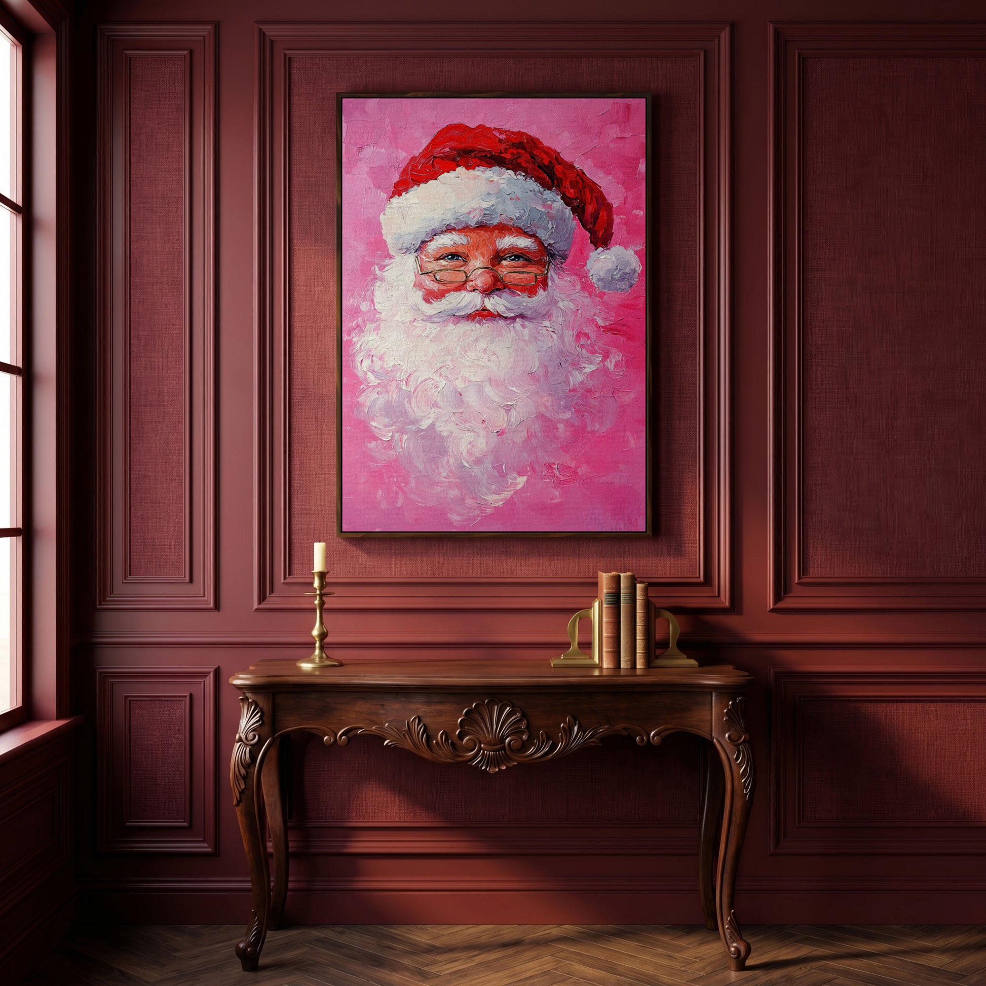 Santa Claus Portrait Canvas, Rose & Crimson in dark walnut floating frame