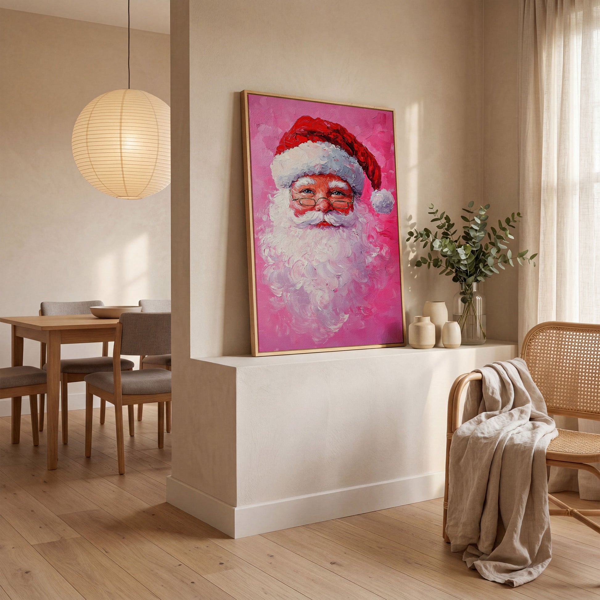 Santa Claus Portrait Canvas, Rose & Crimson in white oak floating frame