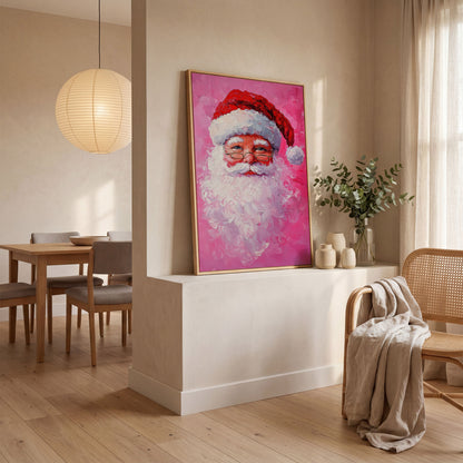 Santa Claus Portrait Canvas, Rose & Crimson in white oak floating frame