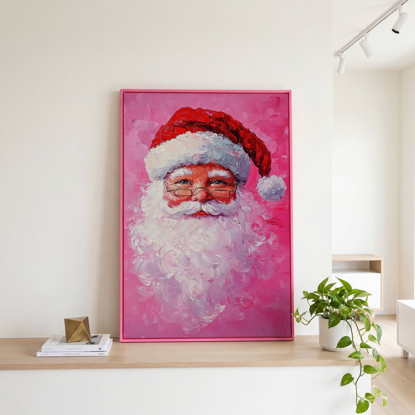 Santa Claus Portrait Canvas, Rose & Crimson in pink floating frame