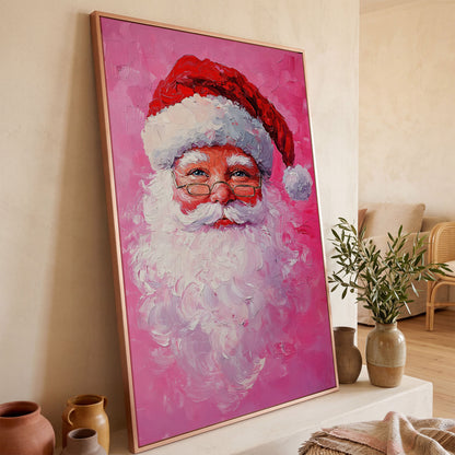 Santa Claus Portrait Canvas, Rose & Crimson in rose gold floating frame