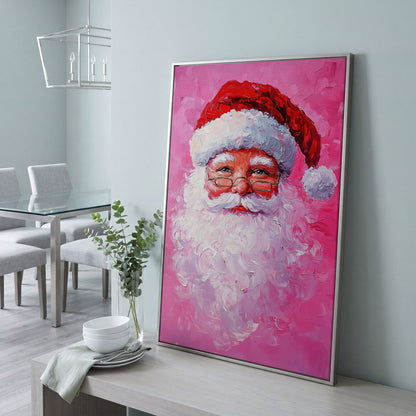 Santa Claus Portrait Canvas, Rose & Crimson in silver floating frame