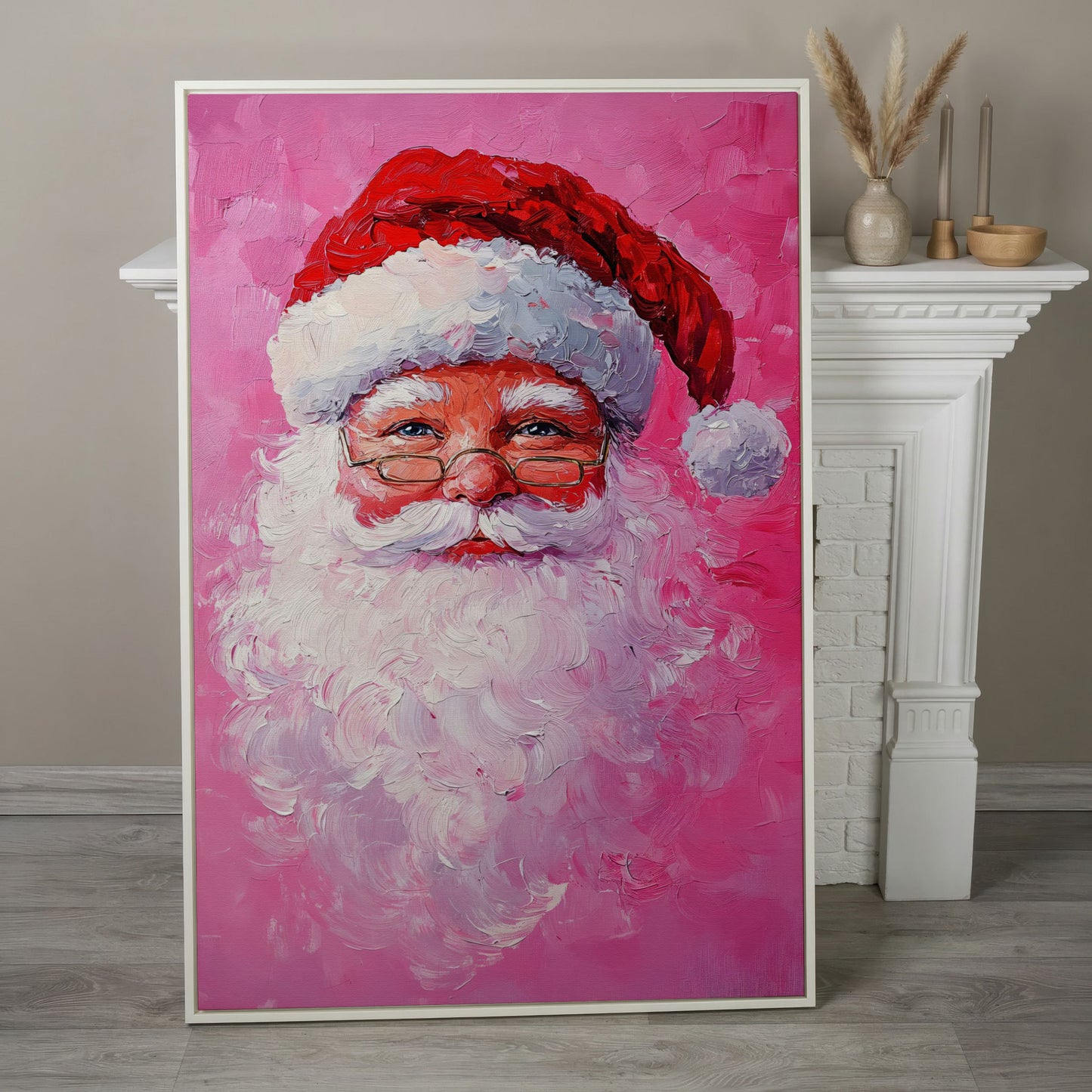 Santa Claus Portrait Canvas, Rose & Crimson in white floating frame