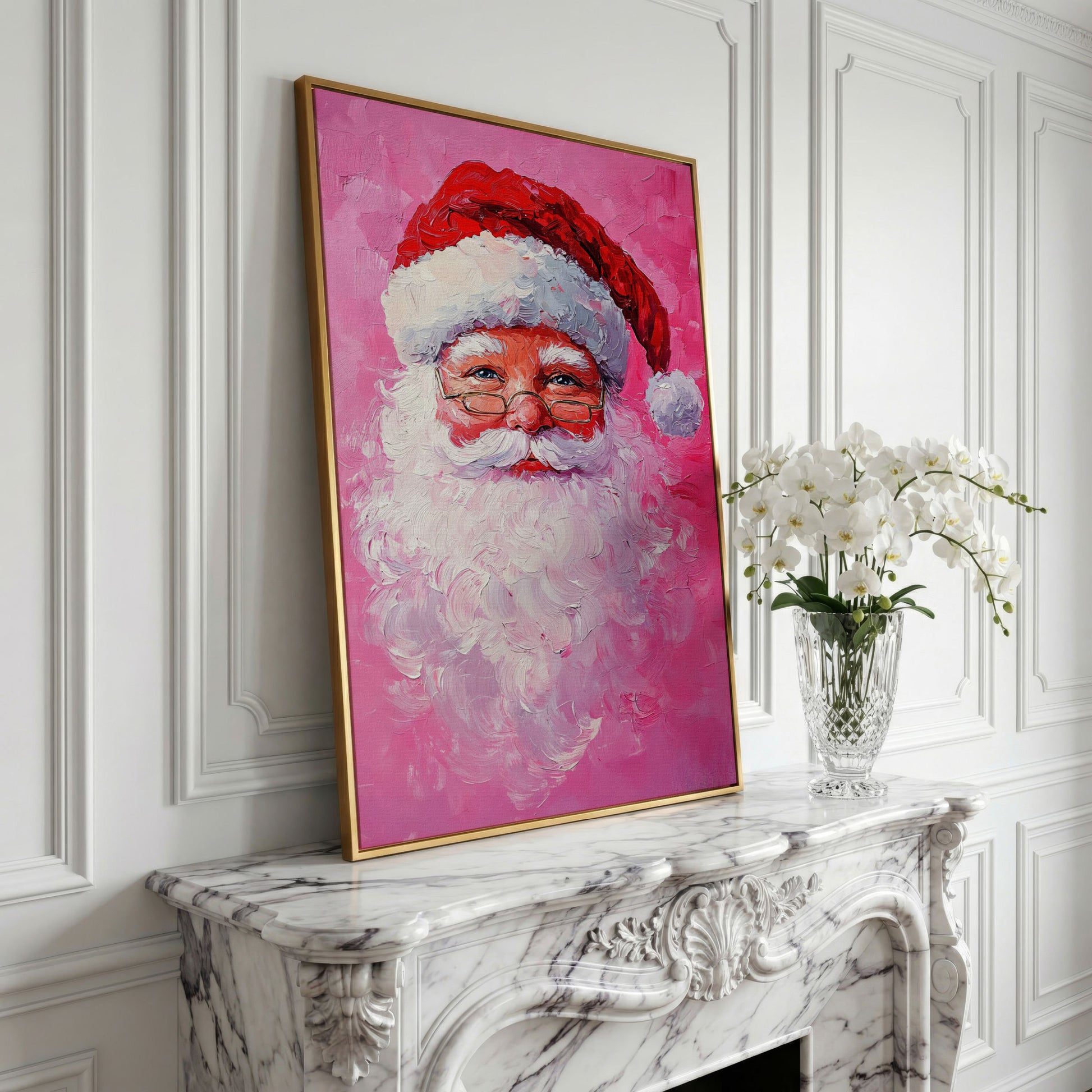 Santa Claus Portrait Canvas, Rose & Crimson in yellow gold floating frame