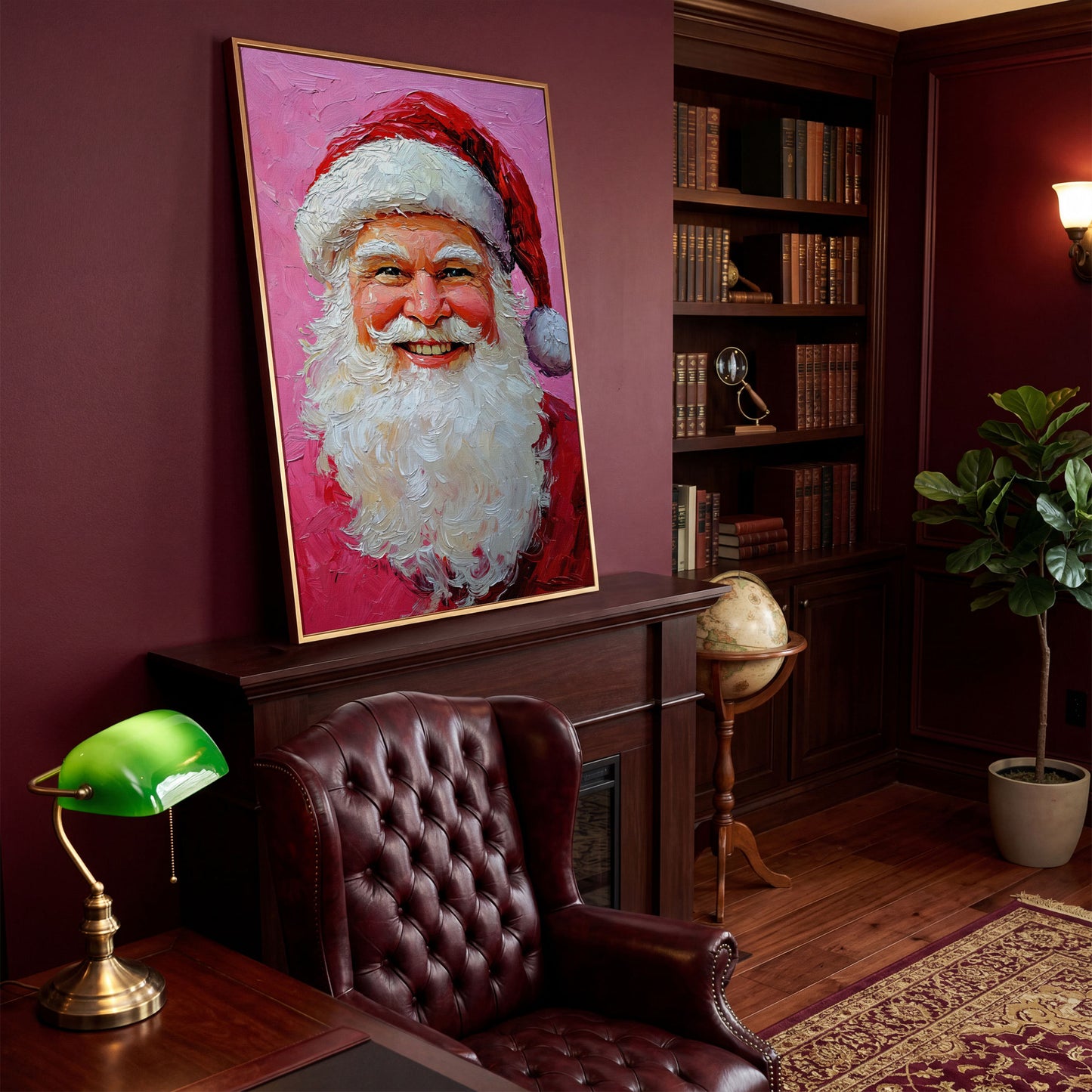 Smiling Santa Portrait Canvas Print in Crimson and Blush in antique gold floating frame