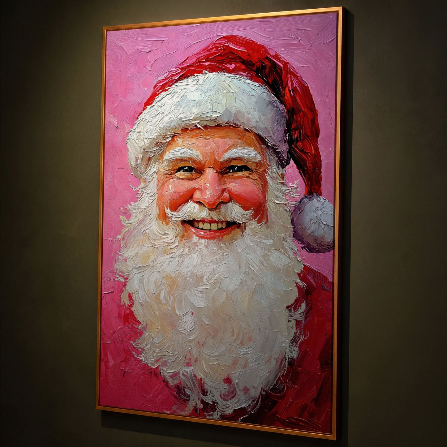 Smiling Santa Portrait Canvas Print in Crimson and Blush shown in antique gold floating frame