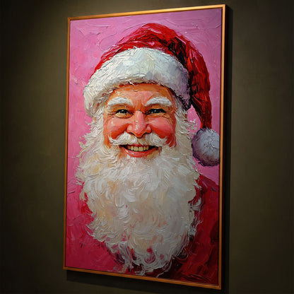 Smiling Santa Portrait Canvas Print in Crimson and Blush shown in antique gold floating frame