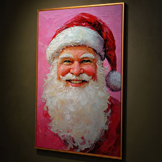 Smiling Santa Portrait Canvas Print in Crimson and Blush shown in antique gold floating frame
