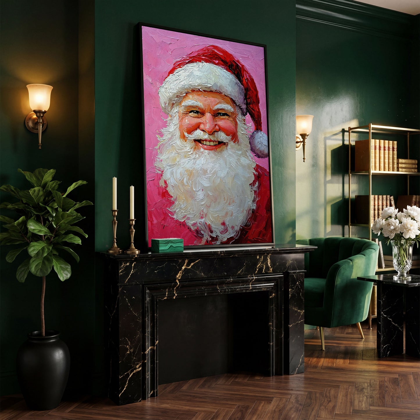 Smiling Santa Portrait Canvas Print in Crimson and Blush in black floating frame