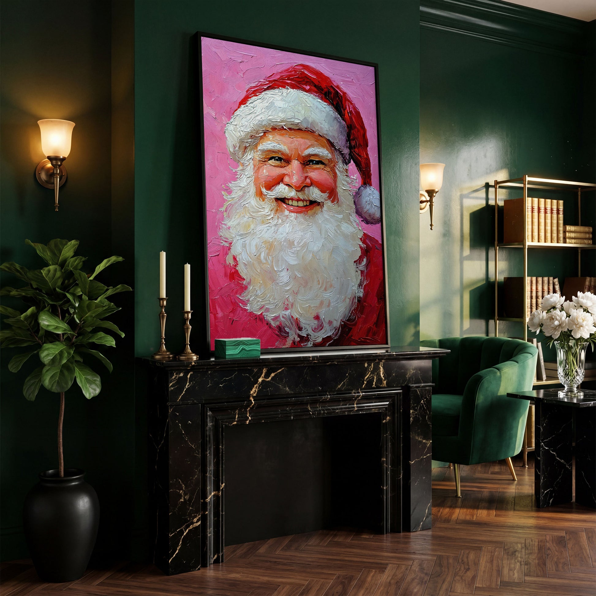 Smiling Santa Portrait Canvas Print in Crimson and Blush in black floating frame