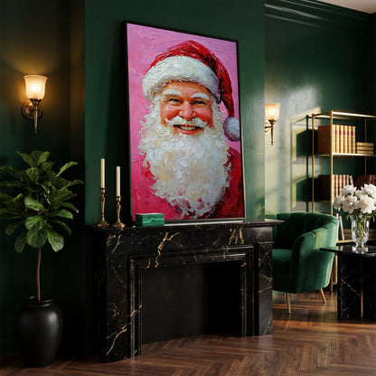 Smiling Santa Portrait Canvas Print in Crimson and Blush in black floating frame