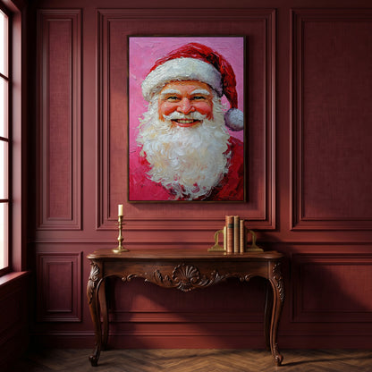 Smiling Santa Portrait Canvas Print in Crimson and Blush in dark walnut floating frame