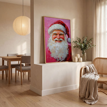 Smiling Santa Portrait Canvas Print in Crimson and Blush in white oak floating frame