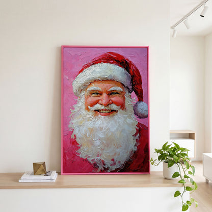 Smiling Santa Portrait Canvas Print in Crimson and Blush in pink floating frame