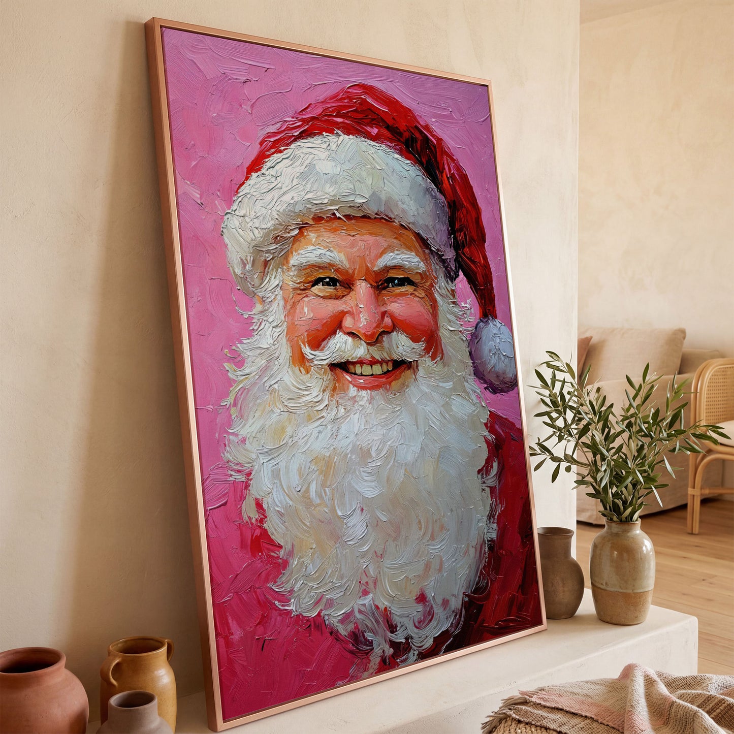 Smiling Santa Portrait Canvas Print in Crimson and Blush in rose gold floating frame