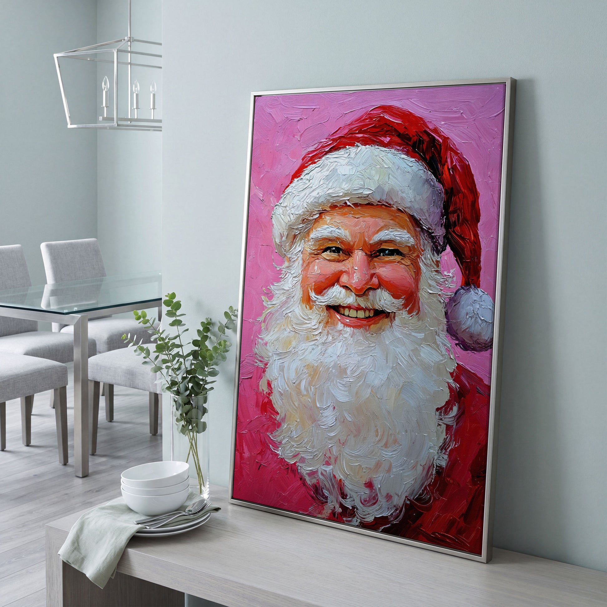 Smiling Santa Portrait Canvas Print in Crimson and Blush in silver floating frame