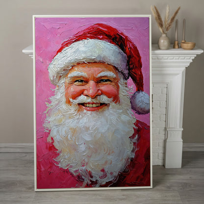 Smiling Santa Portrait Canvas Print in Crimson and Blush in white floating frame