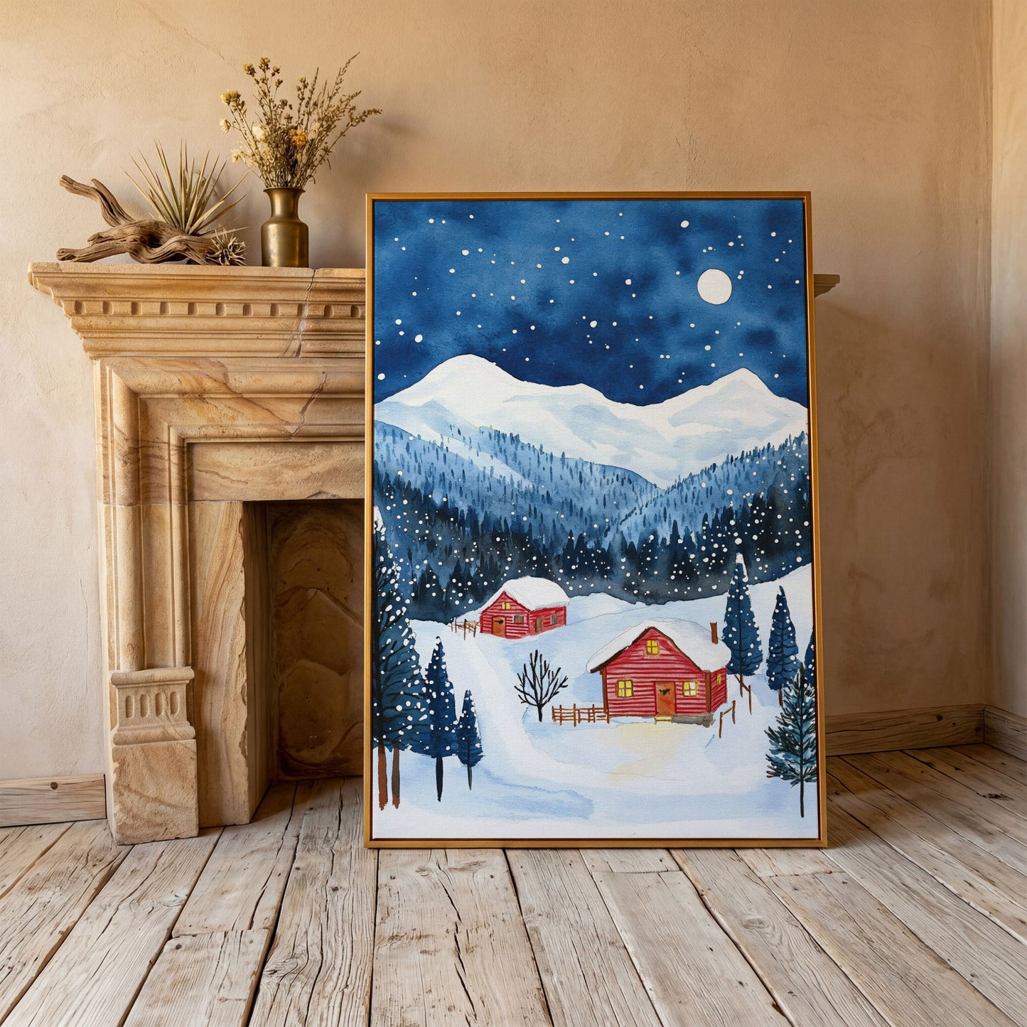 Snowy Mountain Landscape with Red Cottages Canvas in antique gold floating frame