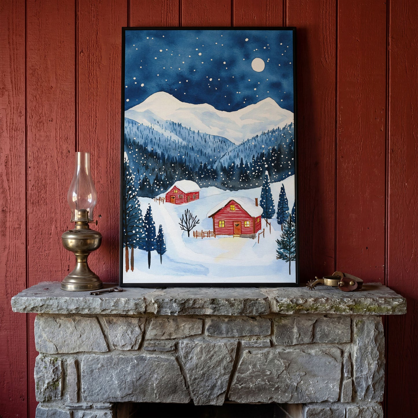 Snowy Mountain Landscape with Red Cottages Canvas in black floating frame