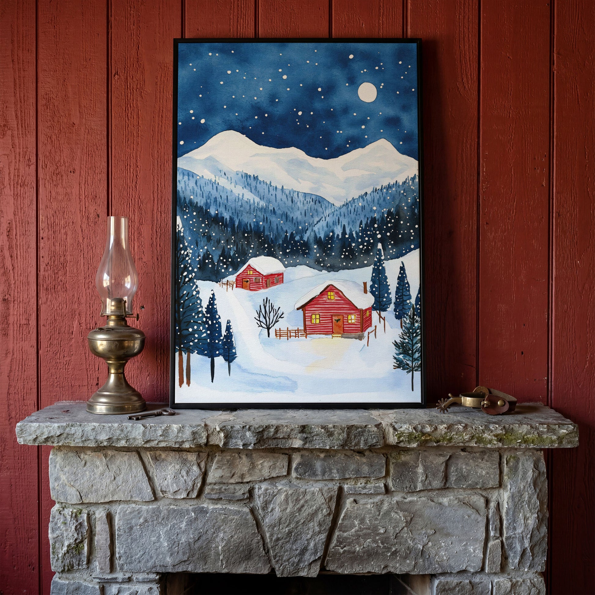 Snowy Mountain Landscape with Red Cottages Canvas in black floating frame