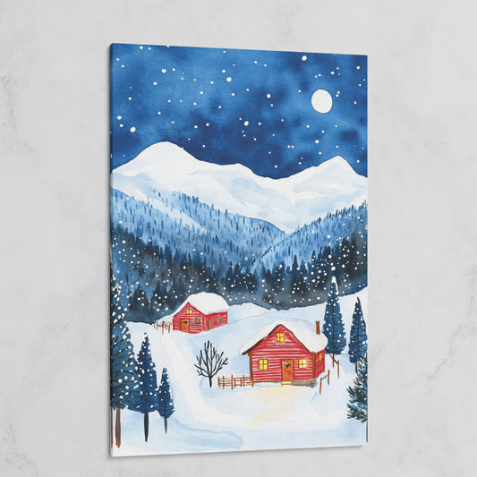 Snowy Mountain Landscape with Red Cottages Canvas on gallery wrap