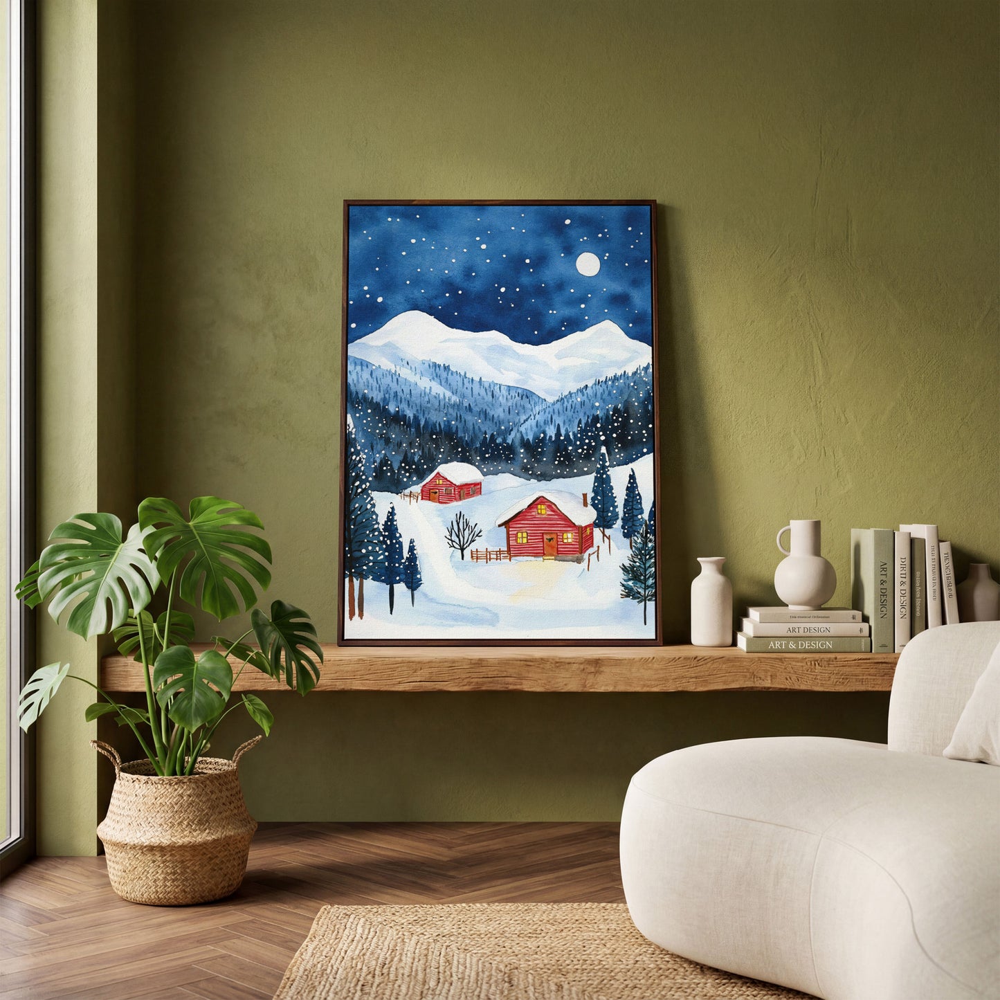 Snowy Mountain Landscape with Red Cottages Canvas in dark walnut floating frame
