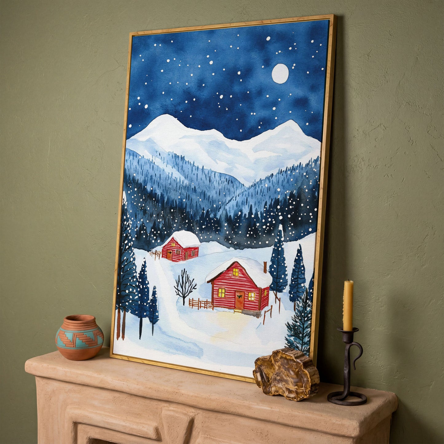 Snowy Mountain Landscape with Red Cottages Canvas in white oak floating frame